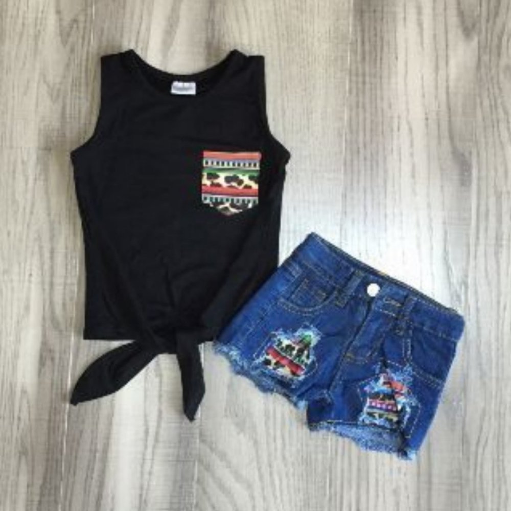 Boutique Tie Tank Top Girls Denim Jean Shorts Outfit Set